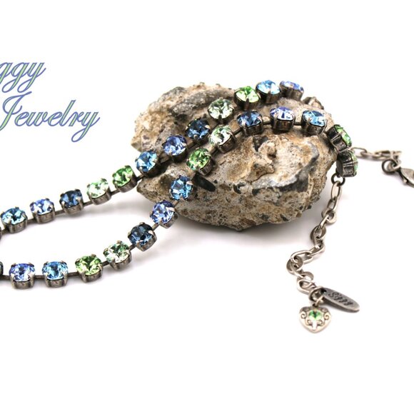 Light Sapphire Blue and Green Tennis Necklace made with Austrian crystals - Picture 6 of 6